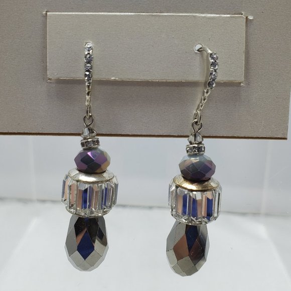 ALI KHAN grey faceted drop with rhinestones fish hook earring with gift box - Picture 2 of 7